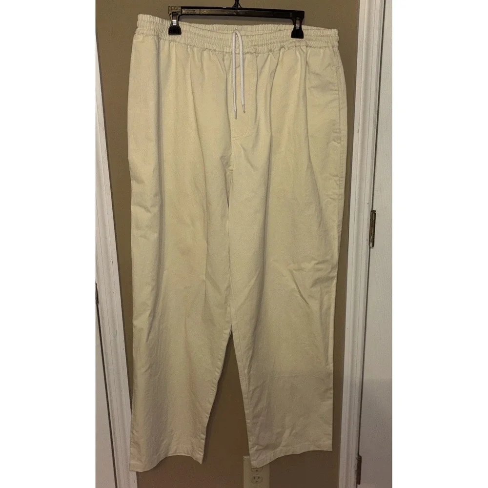New $120 GRAND Collection Men's XXL Pants Cream Cotton Drawstring Pockets